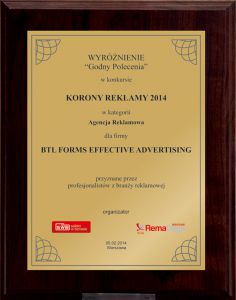 WYRÓŻNIENIE W KATEGORII NAJLEPSZA AGENCJA REKLAMOWA